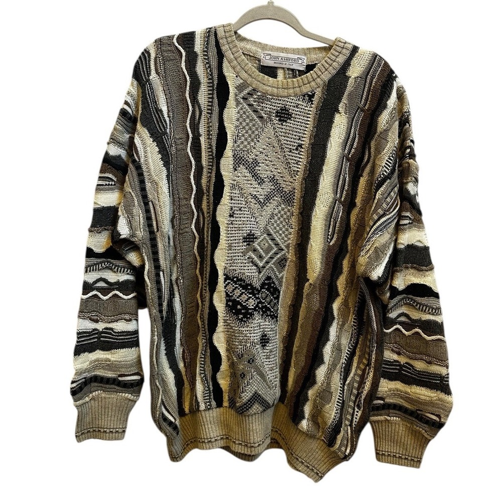 John Ashford Men's 3D Textured Sweater Neutral Tan Multicolor Sz XL Cosby Y2K - Picture 1 of 7